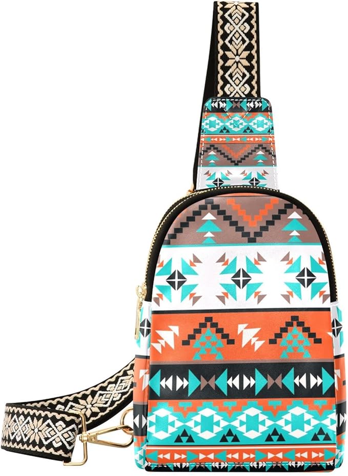 ZAZYXTJ Western Aztec Crossbody Sling Bag for Women Leather Small Chest Bag Adjustable Straps Daypack for Travel Sport Hiking