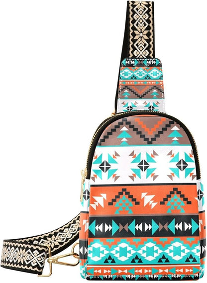 ZAZYXTJ Western Aztec Crossbody Sling Bag for Women Leather Small Chest Bag Adjustable Straps Daypack for Travel Sport Hiking
