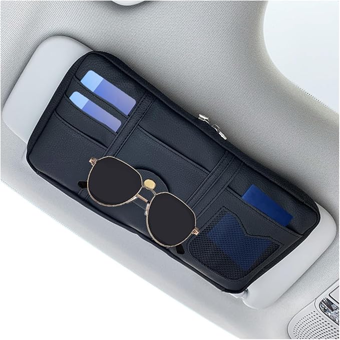 Car Sun Visor Organizer, Multi-Pocket Leather Vehicle Visor Storage Pouch & Sunglasses Holder, Auto Interior Document Card Holder with Double Zipper, Universal for Truck SUV Sedan (Black)