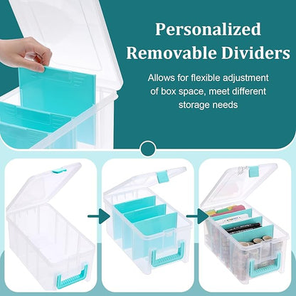 BTSKY Clear Plastic Dividing Storage Box with 4 Deep Compartments Adjustable Storage Bin with Lid Portable Craft Storage Container Multipurpose Sewing Box Art Supply Organizer, 13.9x7.9x6.2 Inches