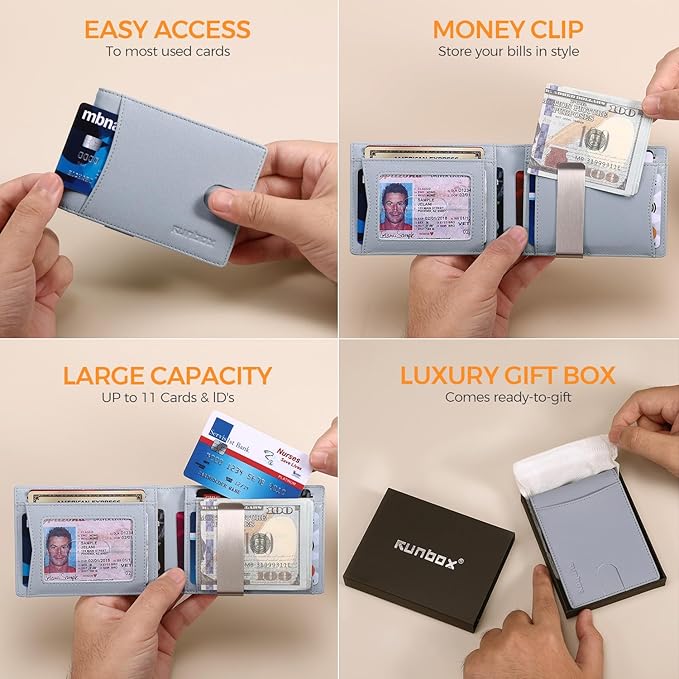 RUNBOX Slim Money Clip Wallets for Men RFID Blocking 11 Card Holder Minimalist Small Leather Bifold Men's Front Pocket Wallet Gift Box