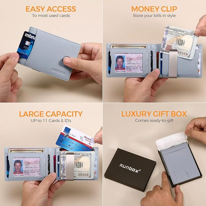 RUNBOX Slim Money Clip Wallets for Men RFID Blocking 11 Card Holder Minimalist Small Leather Bifold Men's Front Pocket Wallet Gift Box