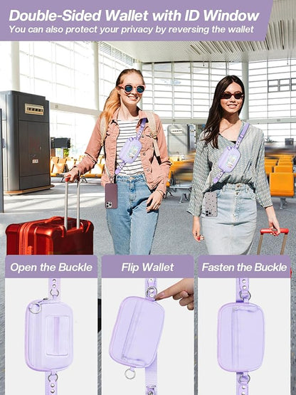 Tiostep Clip and Go Strap for Phone with Wallet Crossbody Phone Lanyard Adjustable and Detachable RFID Wristlet Wallet with ID Window and Zipper, Purple