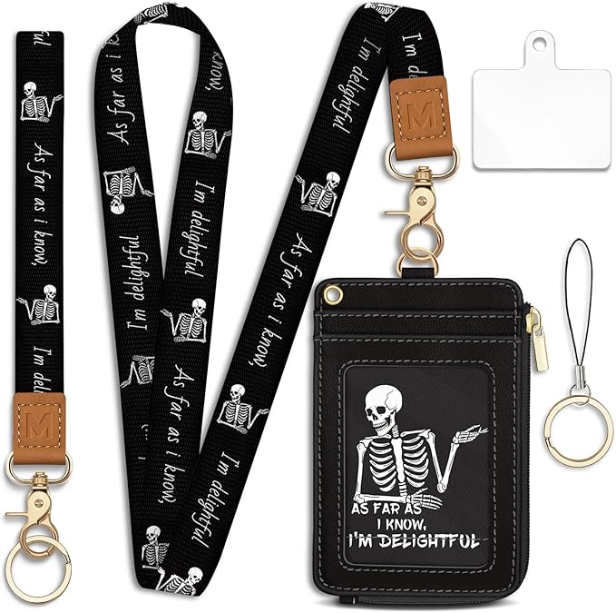 Lanyard Wallet with Id Badge Holder, Skeleton RFID Small Keychain Wallet Women Wristlet, Funny Zipper Credit Card Holder Phone Wrist Neck Strap for Key Name Tag, Teacher Student Office Gifts