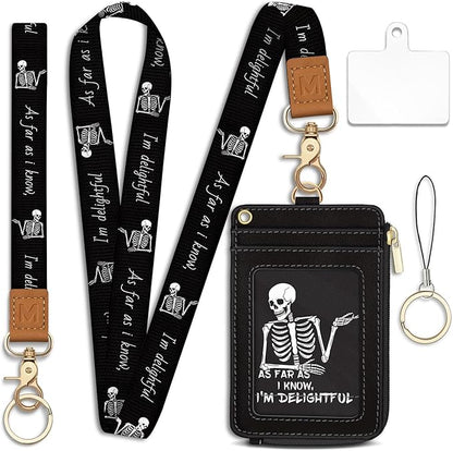 Lanyard Wallet with Id Badge Holder, Skeleton RFID Small Keychain Wallet Women Wristlet, Funny Zipper Credit Card Holder Phone Wrist Neck Strap for Key Name Tag, Teacher Student Office Gifts