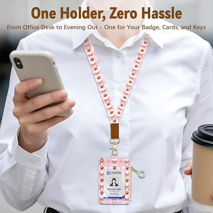 Leather Cute Badge Holder with Zipper Pocket, Pink Strawberry Bow Lanyards and 1 Zip Pocket and 4 Card Slots, Breakaway Lanyards with Metal Clasp for Offices, Staff, Adult, Employees