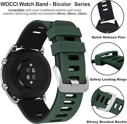 WOCCI 20mm Bicolor Watch Band, Silicone Rubber, Quick Release Replacement Strap for Men and Women, Silver Stainless Steel Buckle (Green-Black)