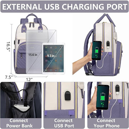 Laptop Backpack for Women Work Bag - 15.6 inch Travel Backpack Purse with USB Charger College Bookbag Waterproof Cute Casual Daypack Business Computer Backpacks for Teacher Nurse Beige Light Purple