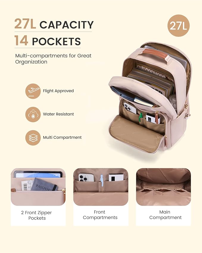 LOVEVOOK Laptop Backpack for Women with Leather Trim & Tumbler Pockets, 15.6" Work Backpack Purse, Travel Personal Item Bag, Carry On Business Computer Bag for Office, School, or Gift, Apricot Brown