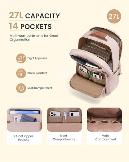LOVEVOOK Laptop Backpack for Women with Leather Trim & Tumbler Pockets, 15.6" Work Backpack Purse, Travel Personal Item Bag, Carry On Business Computer Bag for Office, School, or Gift, Apricot Brown