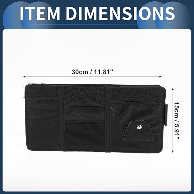 Car Sun Visor Organizer, Auto Visor Storage Pouch with Zipper W/Elastic Slot with Sunglasses Holder for Cards License Pen Organizer PU Leather Black