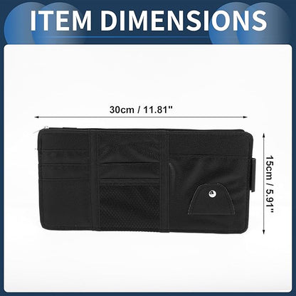 Car Sun Visor Organizer, Auto Visor Storage Pouch with Zipper W/Elastic Slot with Sunglasses Holder for Cards License Pen Organizer PU Leather Black