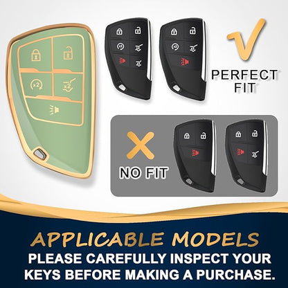 QBUC for Chevy Key Fob Cover with Keychain Soft TPU Protection Case Compatible with 2021-2026 Chevy Equinox Blazer Tahoe Suburban GMC Yukon Denali Silverado 5-Buttons(Gold Trim Green)