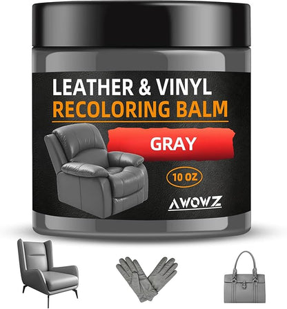 Leather Recoloring Balm - Scratch Repair & Color Restore Kit for Faded Leather, Leather Couch & Car Seats - 10OZ Leather Restorer Balm for Furniture, Auto Interior, Vinyl, Accessories (Gray)