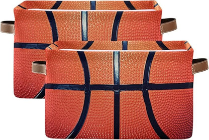 Canvas Basketball Storage Bin with Handles - Large Collapsible Cube Box for Home, Office, Bedroom Closet Shelves - 2 pcs