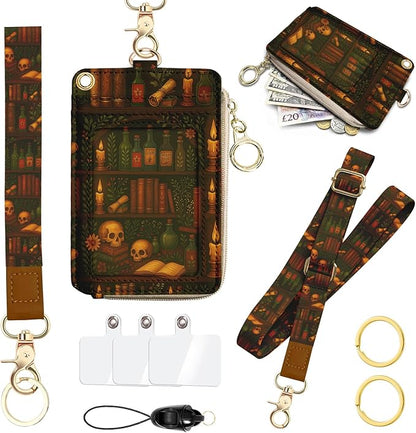 Goth Bookshelf Skull Lanyard Wallet with ID Badge Holder, Small RFID Wallet Women Keychain Wristlet, PU Leather Credit Card Holder with Zipper Pocket Phone Lanyard Wrist Strap for Office Business