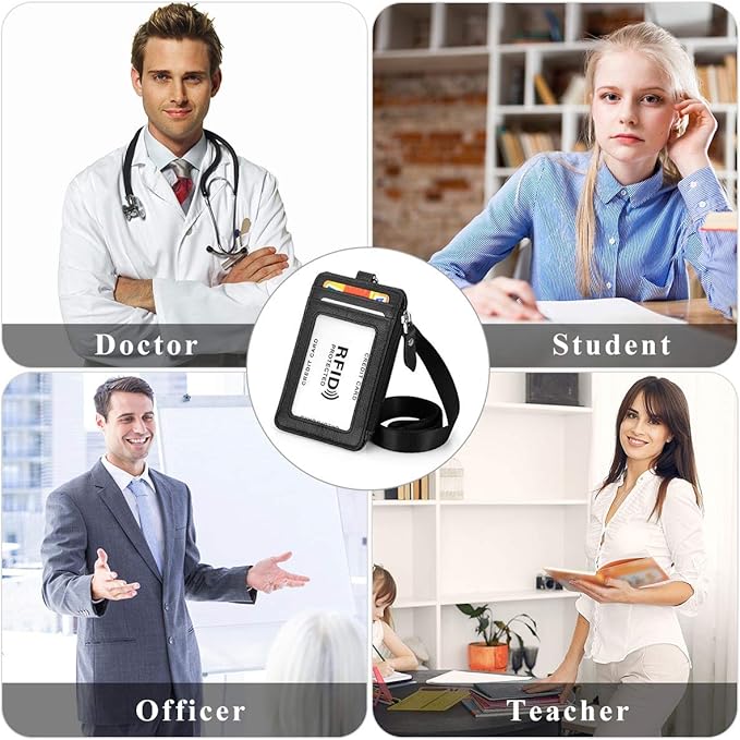Badge Holder with Zipper Genuine Leather RFID Keychain Wallet Neck Lanyards with Swivel Hook for Card/Coin/Cash, Black