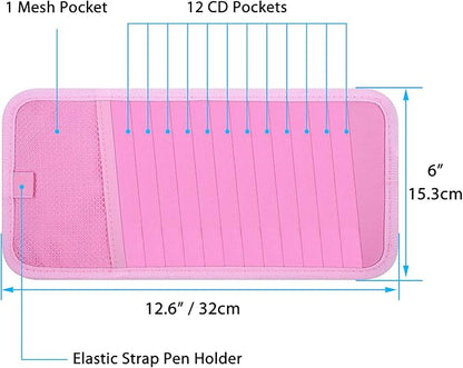 Car CD Case Holder, Wisdompro Vehicle Sun Visor Organizer for Cars with 12 DVD Storage Sleeves, 1 Mesh Pocket, 1 Pen Holder and Elastic Strap, Pink