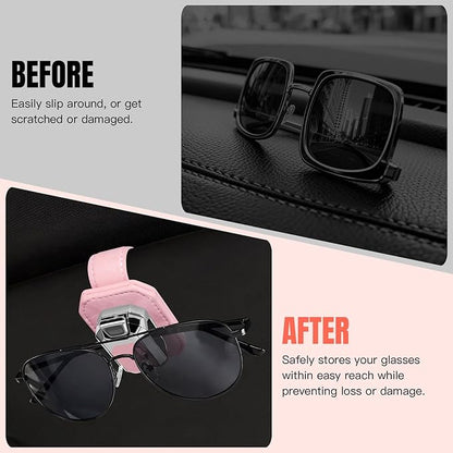 2PCS Sunglass Holder for Car Visor, Faux Leather Eyeglass Holder Clip for Car Sun Visor Organizer, Universal One Handed Operation Sun Glass Hanger, Car Interior Accessories for Women Man