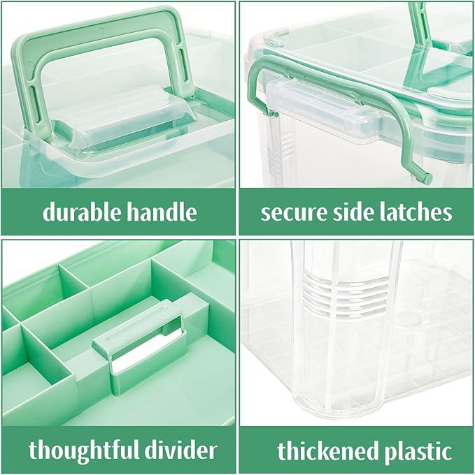 Goaste 15QT Clear Medicine Organizer Box with Handle, Plastic Medicine Container with Detachable Tray, Portable First Aid Bin Empty, Multipurpose Medical Storage Case for Home, Craft Supplies, Green