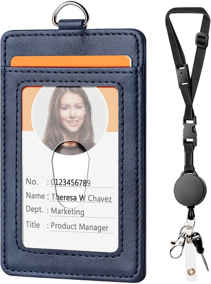 Leather Badge Holder and Adjustable Retractable Lanyards, Quick Release Buckle and Safety Breakaway Lanyards with Swivel Metal Clasp for Offices, Staff, Students, Employees