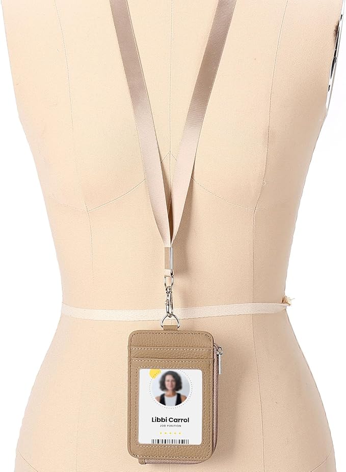 Badge Holder – Genuine Leather ID Badge Holder with Zipper Pocket and Nylon Lanyard – Perfect for Badges, Cards, and More