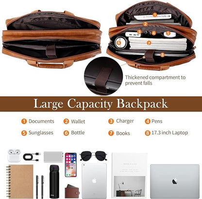 Faux Leather Messenger Bag for Men | 17-17.3 Inch Leather Mens Laptop Bag Leather Briefcasen Convertible Backpack 3 in 1 Computer Handbags Work Bag Shoulder Crossbody Bag Office | Vintage Brown