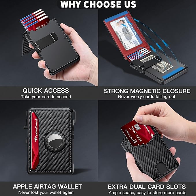 Airtag Wallet for Men, Mens Smart Wallet for Air Tag RFID Blocking, Minimalist Bifold Pop Up Aluminum Credit Card Case Holder 12+ Cards with ID Window, Gift for Men, No Airtag Included, Carbon Red