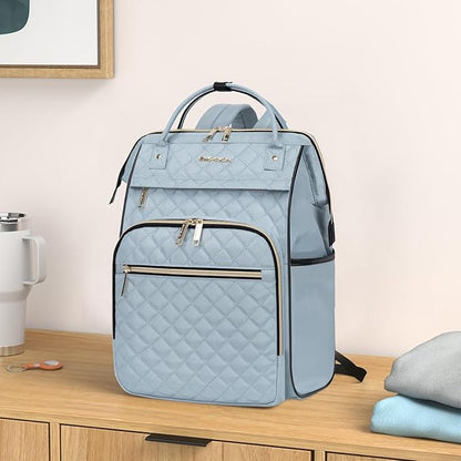 EMPSIGN 17 Inch Laptop Backpack for Women, Work Business Travel Computer College Bags, Large Capacity Water-repellent Quilted Casual Daypack, Light Blue
