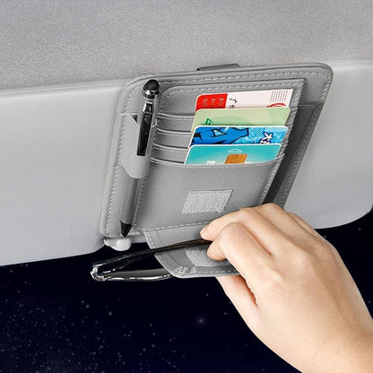 Gray Small Car Sun Visor Organizer with Clip, Sunglasses Holders for Car Sun Visor PU Auto Interior Accessories Storage Travel Document Holder with Multi Pocket