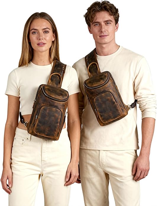 Thick Crazy horse Leather Triangle Crossbody Sling Chest Bag Travel One Shoulder Bag Daypack For Men Male 3028