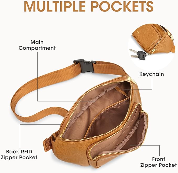 Kattee Fanny Packs for Women, Leather Crossbody Bags for Women Trendy, Small Belt Bag,Fashion Waist Packs with RFID Blocking, Brown