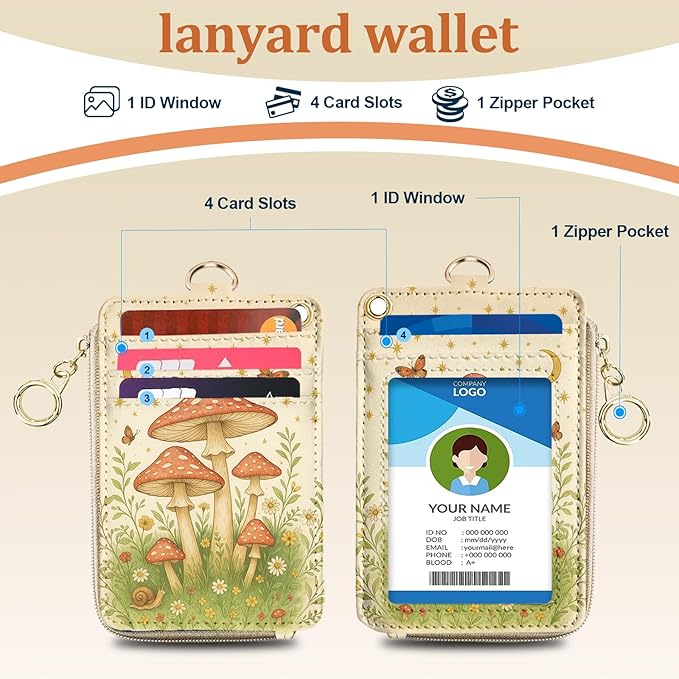 Lanyard Wallet with ID Badge Holder, PU Leather Credit Card Holder with Zipper Pocket Phone Lanyard Wrist Strap Small RFID Wallet Women Keychain Wristlet Teacher Doctor Office-Mushroom