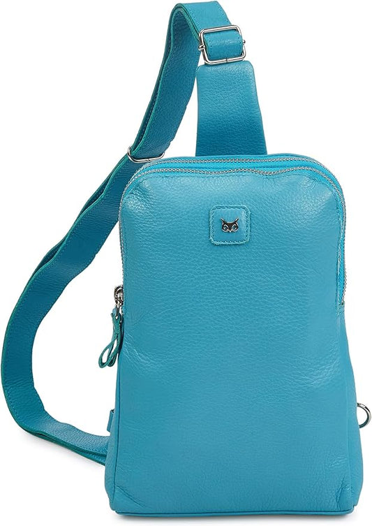 Leather Sling Bag for Women Genuine Crossbody Purse Small Trendy Cross Over Chest with Phone and Credit Card Slots (Air Blue Nappa)