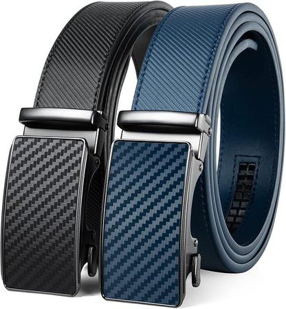 2 Pack Ratchet Belt 1 3/8", Mens leather Dress Belt in Gift Set Size 28"-62" Adjustable waist Trim to Fit
