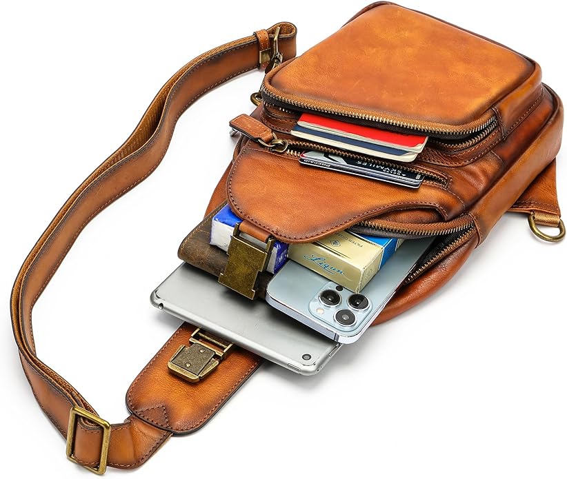 NIUCUNZH Genuine Leather Sling Bag Front Metal-Latch Crossbody Bags Handmade Vintage Chest Shoulder Backpack for Women Men