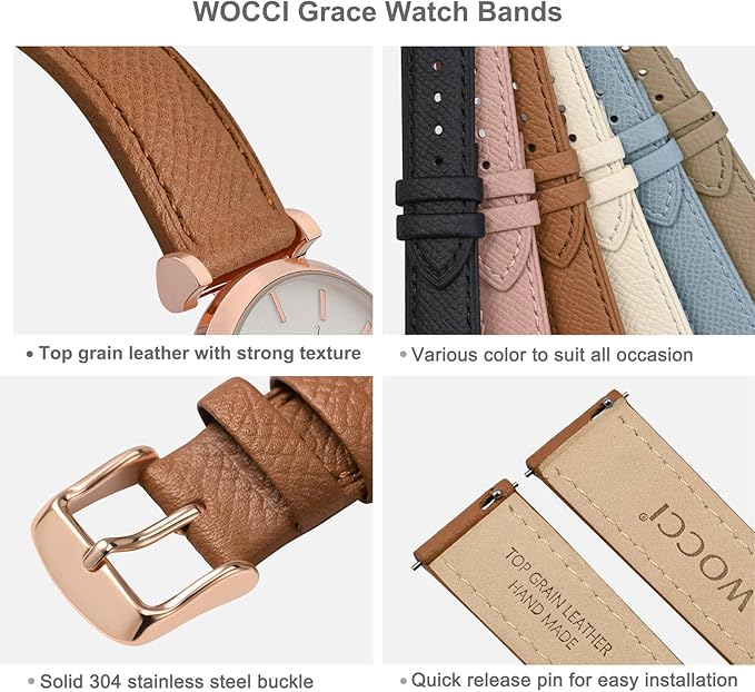 WOCCI 20mm Grace Watch Band for Ladies, Top Grain Leather, Quick Release Replacement Strap with Rose Gold Buckle (Brown)