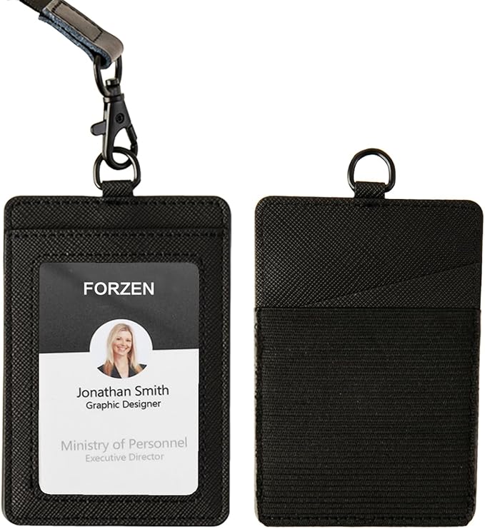 Leather Badge Holder, Vertical ID Card Holder with Clear Window, 2 Elastic Card Slots & Detachable Lanyard for Offices, Schools (Black-F)