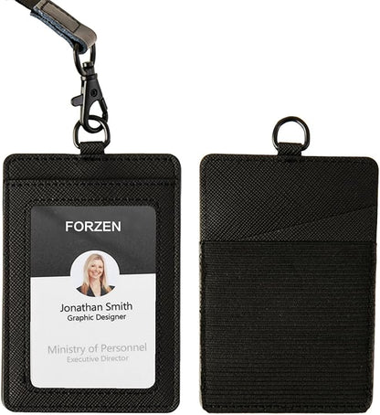 Leather Badge Holder, Vertical ID Card Holder with Clear Window, 2 Elastic Card Slots & Detachable Lanyard for Offices, Schools (Black-F)