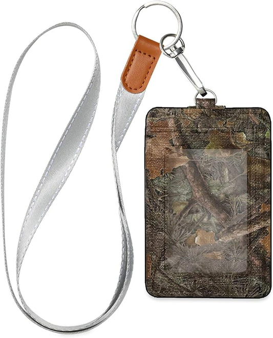 Badge Holder, Camouflage PU Leather School College Business ID Badge Card Holder Wallet Case with 1 Clear Window, 2 Credit Card Slots and Detachable Neck Lanyard - Vertical
