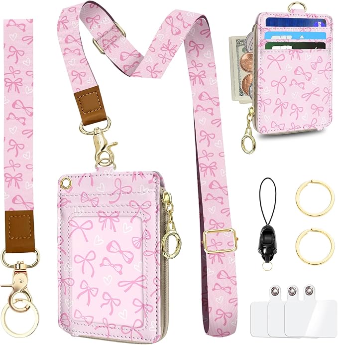 Bowknot Lanyard Wallet with Id Badge Holder, RFID Small Keychain Wallet Lanyard for Women Wristlet, Pu Leather Zipper Credit Card Holder Phone Wrist Neck Strap for Key Name Tag - Pink