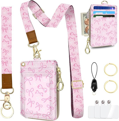 Bowknot Lanyard Wallet with Id Badge Holder, RFID Small Keychain Wallet Lanyard for Women Wristlet, Pu Leather Zipper Credit Card Holder Phone Wrist Neck Strap for Key Name Tag - Pink