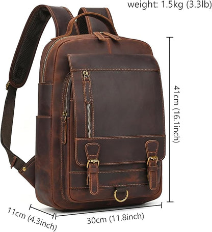 Vintage Full Grain Leather Backpack for Men, 16" Laptop Rucksack For Men Hiking Trave Work Business Bag, 1829 Brown