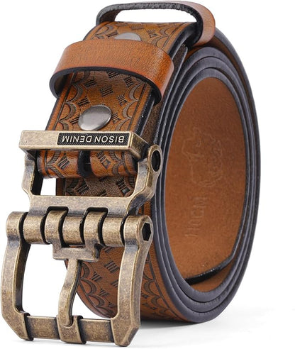 BISON DENIM Men's Genuine Leather Casual Belt, Classic Western Cowboy Dress Belts