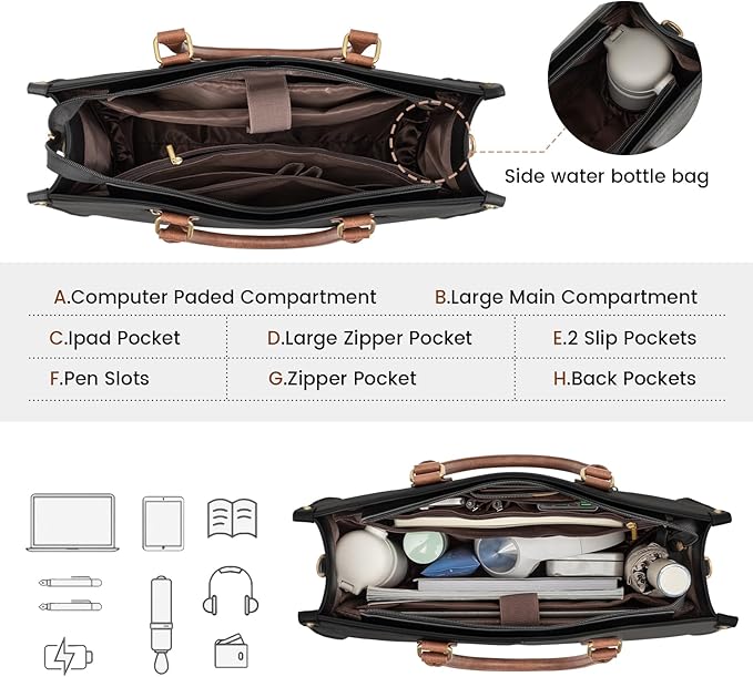LOVEVOOK Laptop Tote Bag for Women, 15.6 Inch Large Capacity Vintage Leather Work Computer Bag, Business Casual Shoulder Handbag, Black & Brown