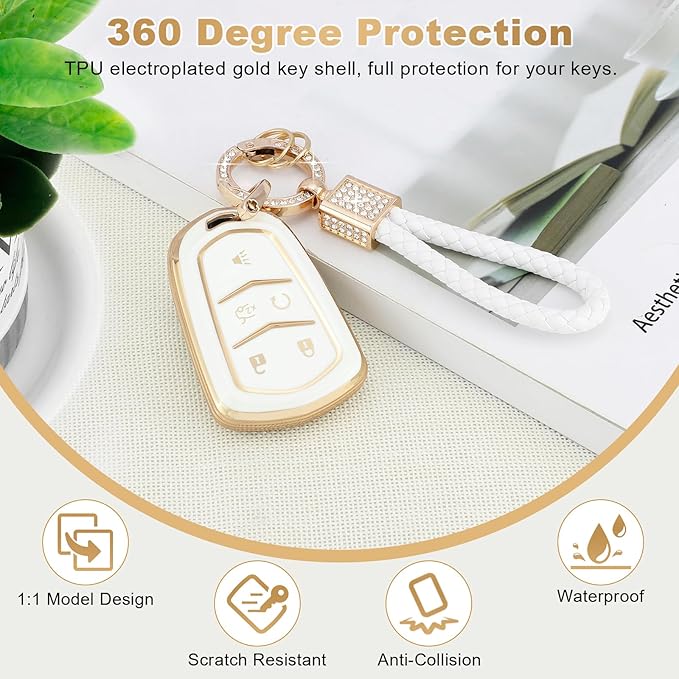 PIFOOG Key Fob Cover Fit for Cadillac XT5 XT6 XT4 CTS CT6 ATS SRX XTS 5 Buttons White Gold Car Keys Case Shell Bling Keychain Full Protector Covers Accessories Girly Women Cute Soft TPU
