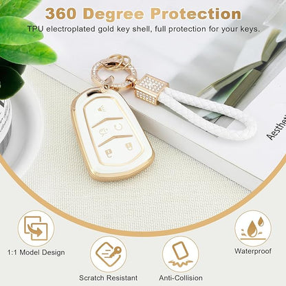 PIFOOG Key Fob Cover Fit for Cadillac XT5 XT6 XT4 CTS CT6 ATS SRX XTS 5 Buttons White Gold Car Keys Case Shell Bling Keychain Full Protector Covers Accessories Girly Women Cute Soft TPU