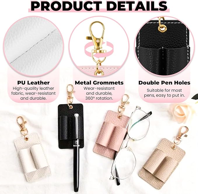 LELE LIFE 4 Pack Double Pen Holder for Lanyard, Anti-Lost Pen Clip for Retractable Badge Reel & Neck Lanyard, Pocket PU Leather Keychain for Nurse Clerk, Black