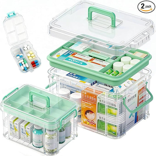 2 Pack Clear Medicine Organizer Storage Box with Tray, Portable Medicine Cabinet with Handle, Plastic First Aid box Empty with pill case for home and travel