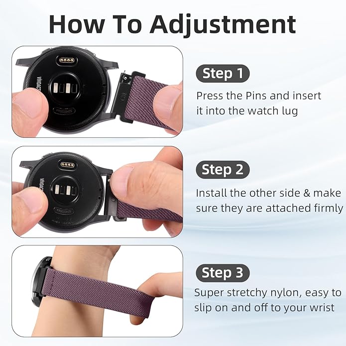 DaQin 3 Pack Nylon Watch Bands Compatible with 16mm 18mm 20mm 22mm Quick Release Watch Band, Adjustable Soft Stretchy Solo Loop Strap Elastic Braided Relacement Wristband for Men Women